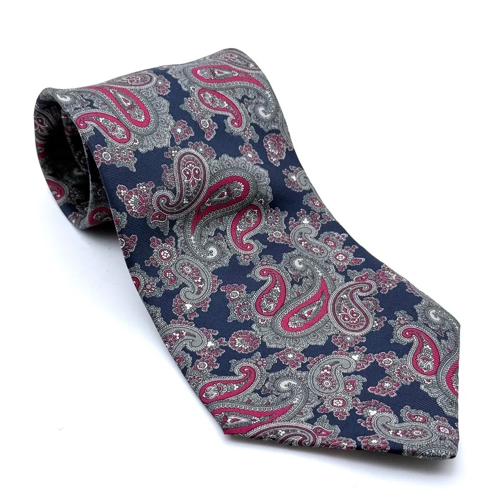 Cromley & Finch London Handmade All Silk Paisley Tie Navy‎ Blue Burgundy 4 Inch